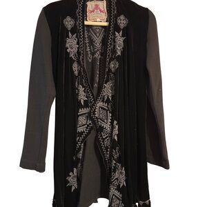 Johnny Was Embroidered Velvet Black and Gray Women's Sweater